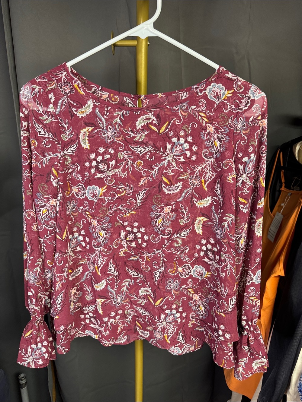 White House Black Market Rose Floral Long-Sleeve Blouse